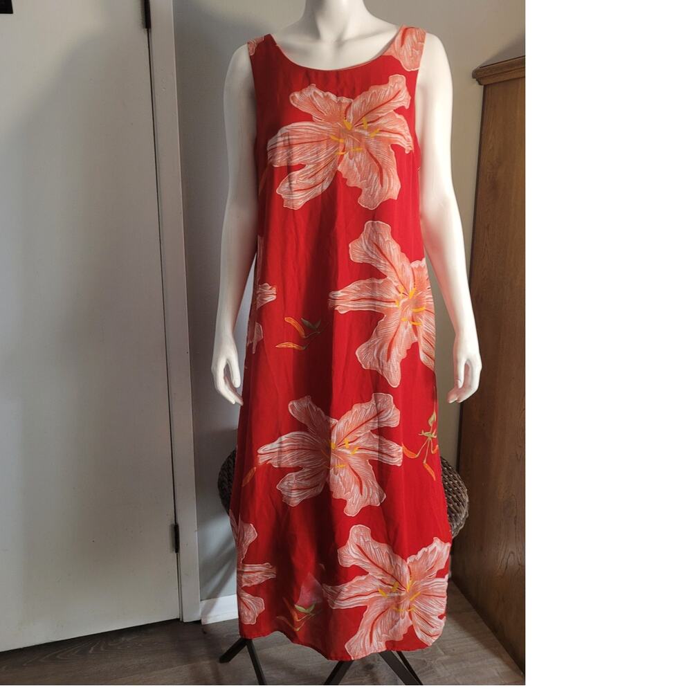 VNTG 90s Borcellini Red Orchid Floral Maxi Dress Sz 11/12 Sleeveless Resort Slit
